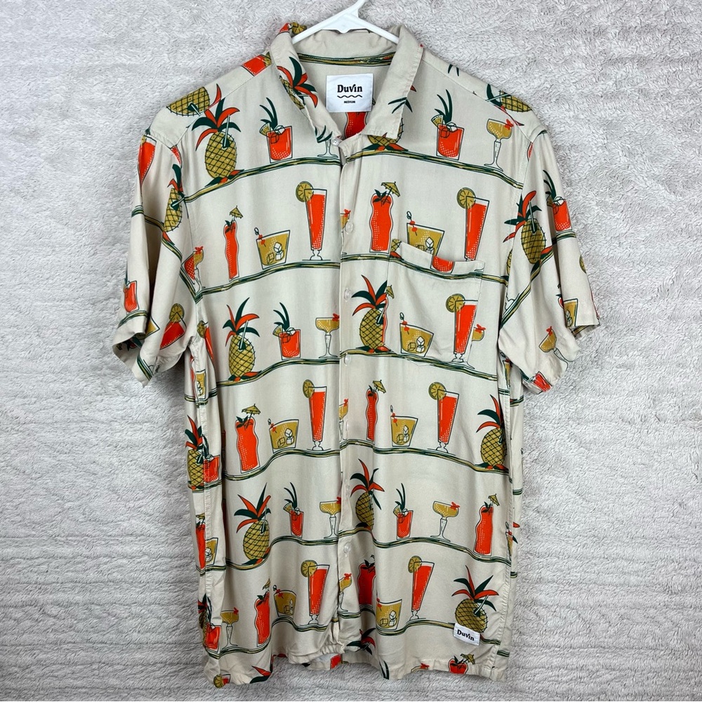 Duvin Beige Pineapple & Cocktail Print Short Sleeve Button-Down Shirt